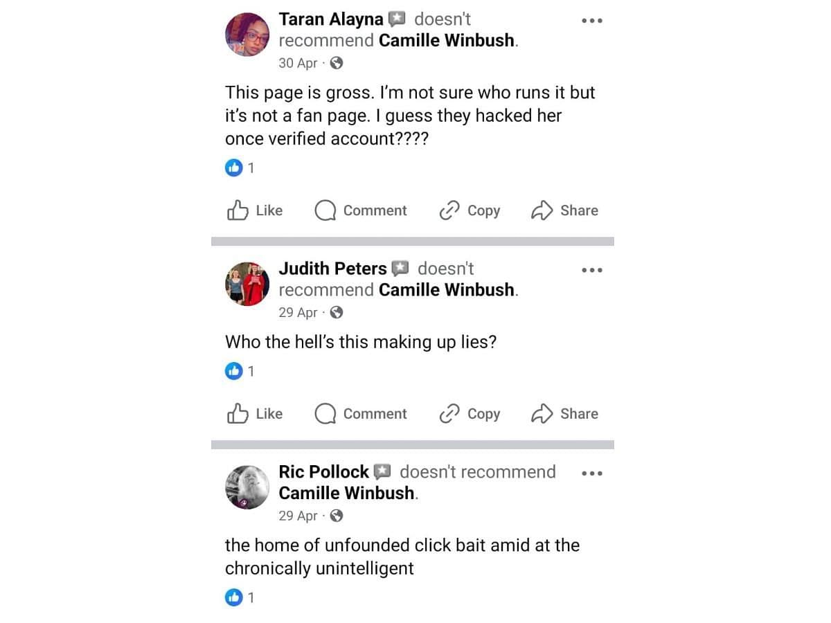 Reviews calling out the Facebook page (Image via Facebook/ @Camille Winbush.)